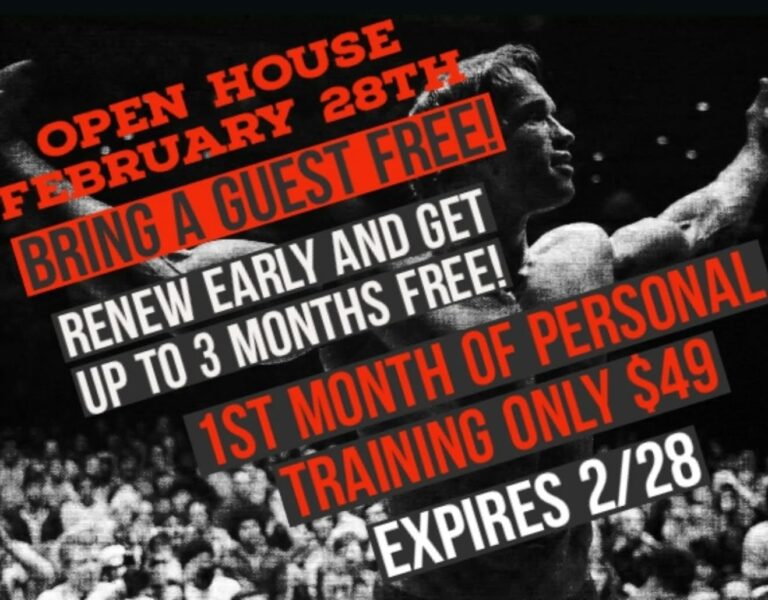 OPEN HOUSE, Friday, February 28th

Bring a guest FREE!
* get a Free month if your guest joins on an annual
  membership. 

Early Renewal Special
1 month early = 1 free month
2 months early = 2 free months
3 or more months early = 3 FREE MONTHS!

First Month of Personal Training only $49
* 2 X/wk semi-private training. 
  New clients only

#midcityvym #personaltraininggym
#nycfitness #bycgym