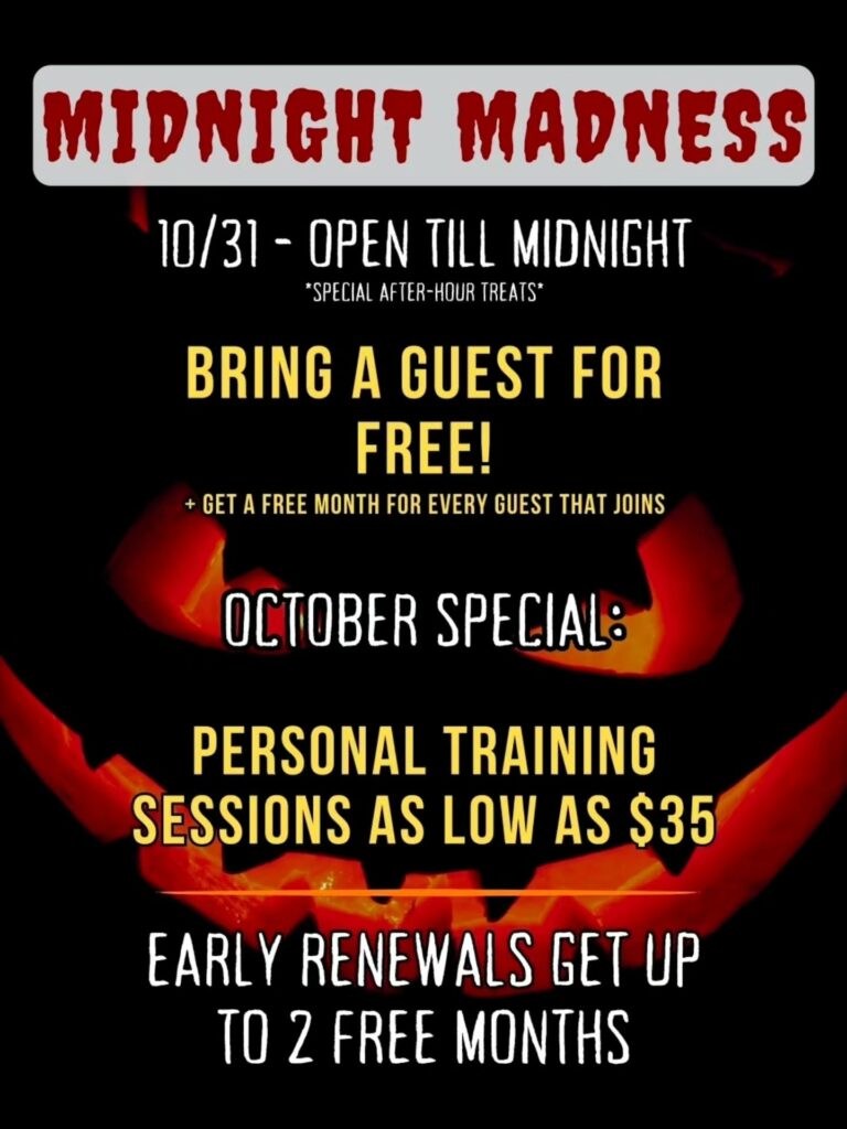 Join us on Halloween  for Midnight Madness.  Bring a guest FREE (all day) and get a month added to your membership for every guest that joins! Also sample free workout drinks and finger foods starting at 6 pm PLUS specials throught the club. Open on Halloween till Midnight! Don't miss out!
.
.
#midnightmadness #nycgym #midcitygym
#halloweeninnyc