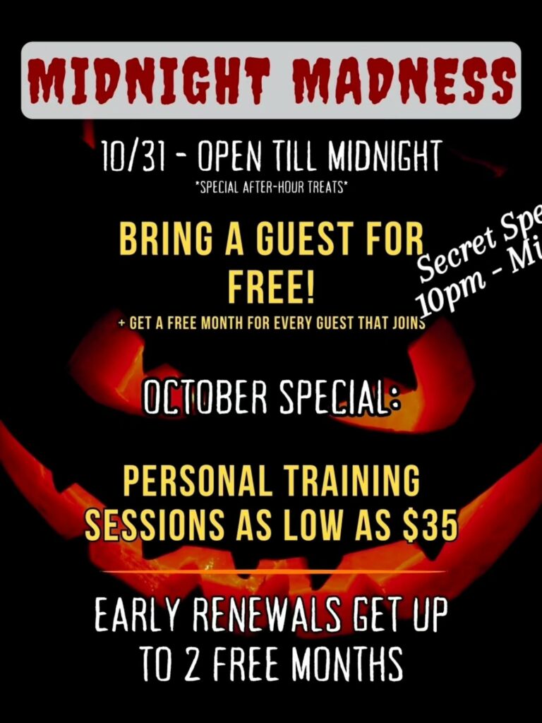 Don't miss out on Midnight Madness Halloween Night! Specials run all month till Midnight October 31st. Come onto the gym for "Secret Specials" unveiled that night!
Link to join in bio.
.
.
#membershipspecials #personaltraining #midcitygym