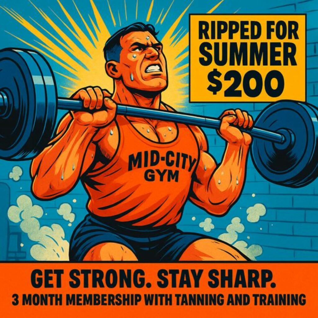 3 Months Unlimited Gym
3 Months Unlimited Tanning
3 Personal Training Sessions
All for $200!
Link in bio.
.
.
#summerbodygoals #indoortanning #sunsoutgunsout #Midcitygym
Thanks to @stoopid.bro for the artwork
